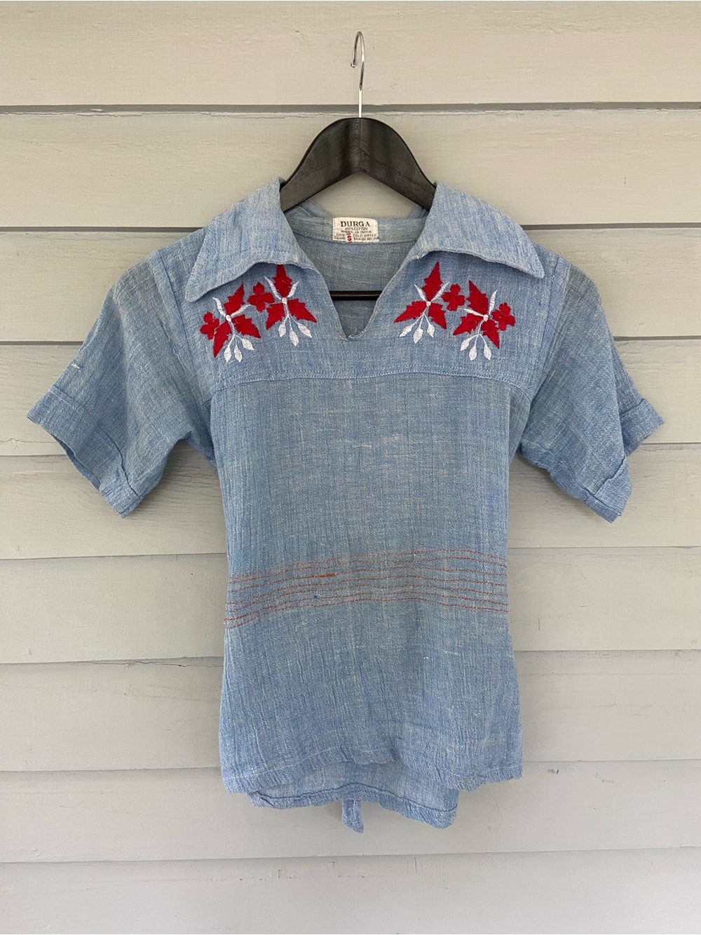Vintage Light Blue Button-Down Top with Red Floral Embroidery